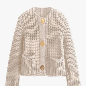 Amazon Beige Knit Cardigan with Gold Buttons